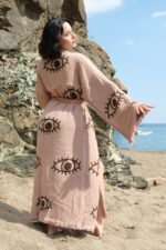 Göz Desenli Taş Baskılı Pamuklu Kimono Kahverengi - الصورة 2