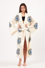 Eye Patterned Stone Printed Cotton Muslin Kimono