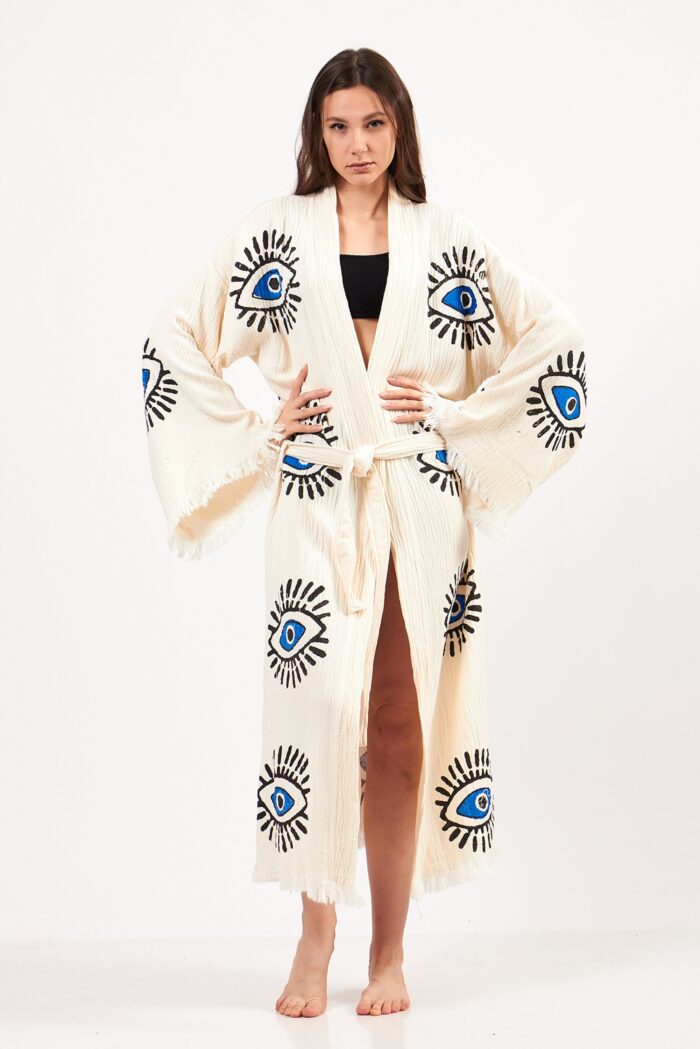 Eye Patterned Stone Printed Cotton Muslin Kimono Eye Patterned Stone Printed Cotton Muslin Kimono