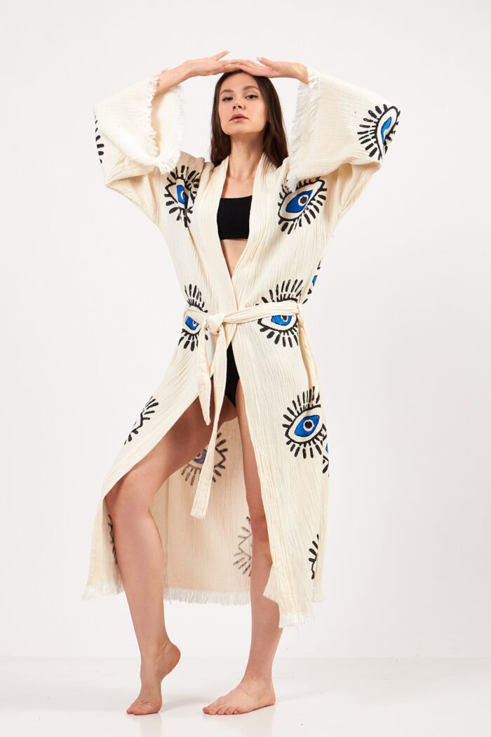 Eye Patterned Stone Printed Cotton Muslin Kimono Eye Patterned Stone Printed Cotton Muslin Kimono