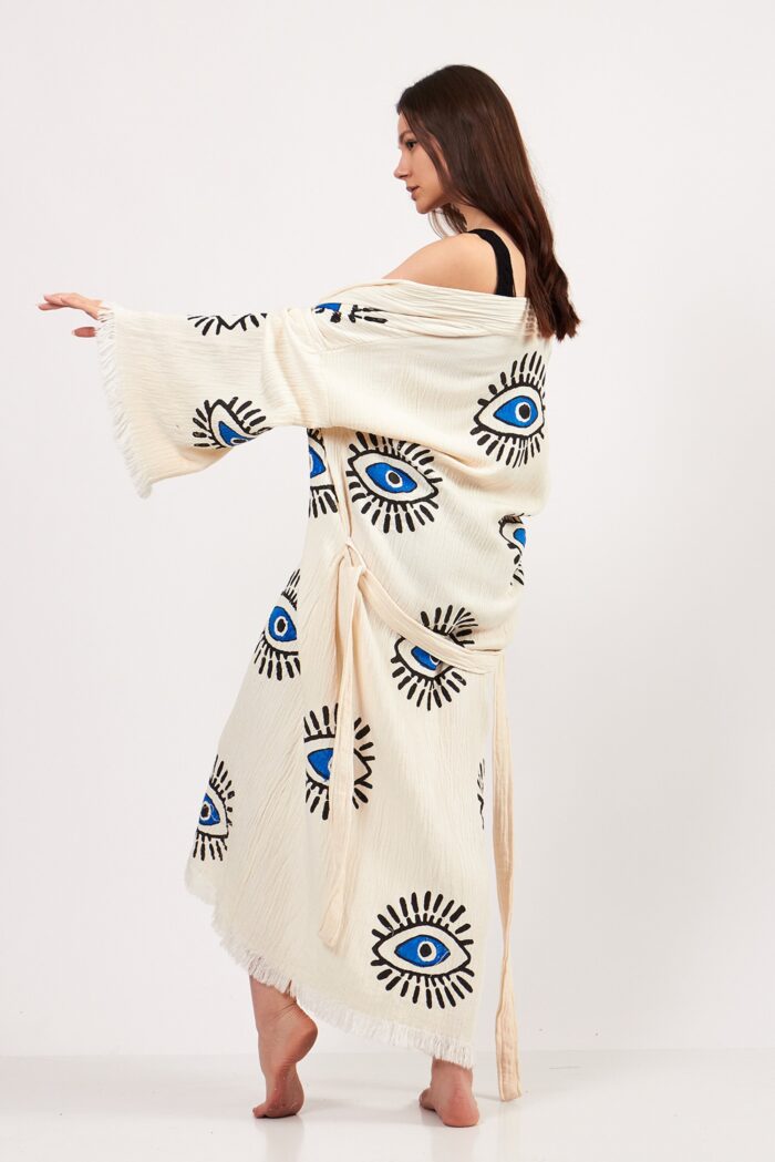 Eye Patterned Stone Printed Cotton Muslin Kimono Eye Patterned Stone Printed Cotton Muslin Kimono