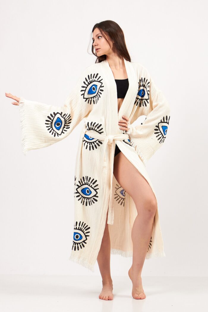 Eye Patterned Stone Printed Cotton Muslin Kimono Eye Patterned Stone Printed Cotton Muslin Kimono