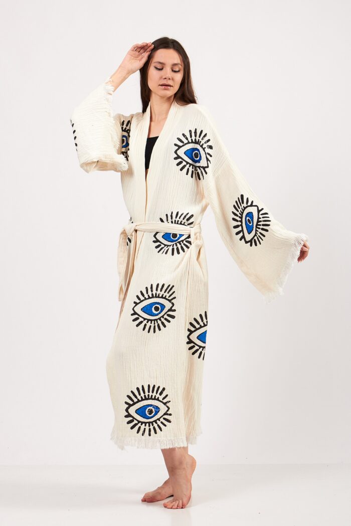 Eye Patterned Stone Printed Cotton Muslin Kimono Eye Patterned Stone Printed Cotton Muslin Kimono