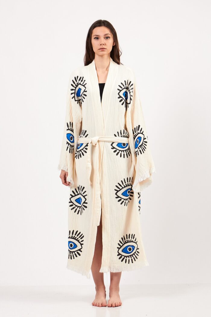 Eye Patterned Stone Printed Cotton Muslin Kimono Eye Patterned Stone Printed Cotton Muslin Kimono