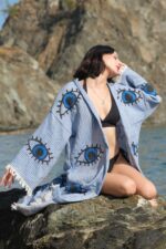 Auge gemustert Stein gedruckt Baumwolle Musselin Kimono Blau