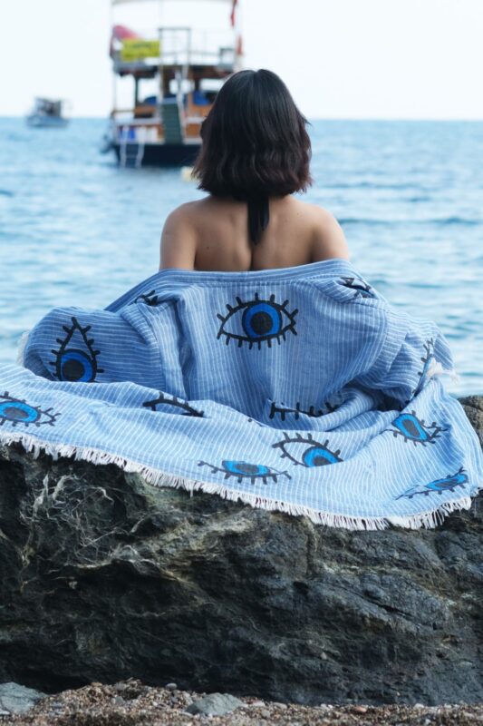 Göz Desenli Taş Baskılı Pamuklu Müslin Kimono Mavi