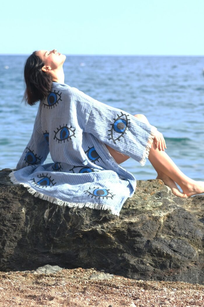 Auge gemustert Stein gedruckt Baumwolle Musselin Kimono Blau Auge gemustert Stein gedruckt Baumwolle Musselin Kimono Blau