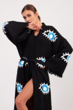 Göz Desenli Taş Baskılı Pamuklu Müslin Kimono Siyah – Bild 2