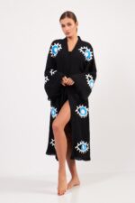 Göz Desenli Taş Baskılı Pamuklu Müslin Kimono Siyah – Bild 3