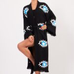 Kimono aus Baumwoll-Musselin mit Augenmuster und Steinmuster Schwarz