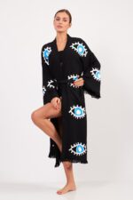 Kimono aus Baumwoll-Musselin mit Augenmuster und Steinmuster Schwarz