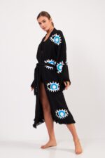 Göz Desenli Taş Baskılı Pamuklu Müslin Kimono Siyah – Bild 5