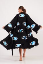 Göz Desenli Taş Baskılı Pamuklu Müslin Kimono Siyah – Bild 10