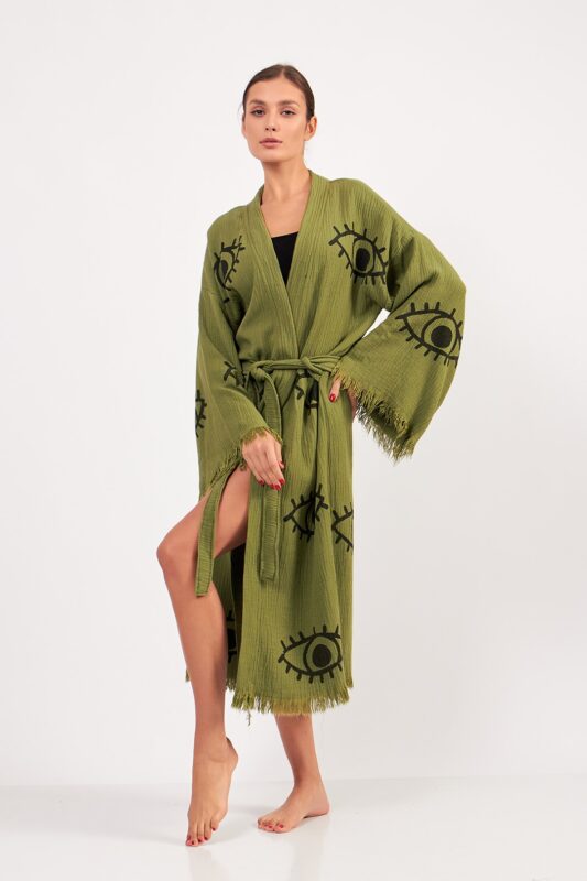 Grüner Kimono aus Baumwollmusselin mit Augenmuster und Steindruck