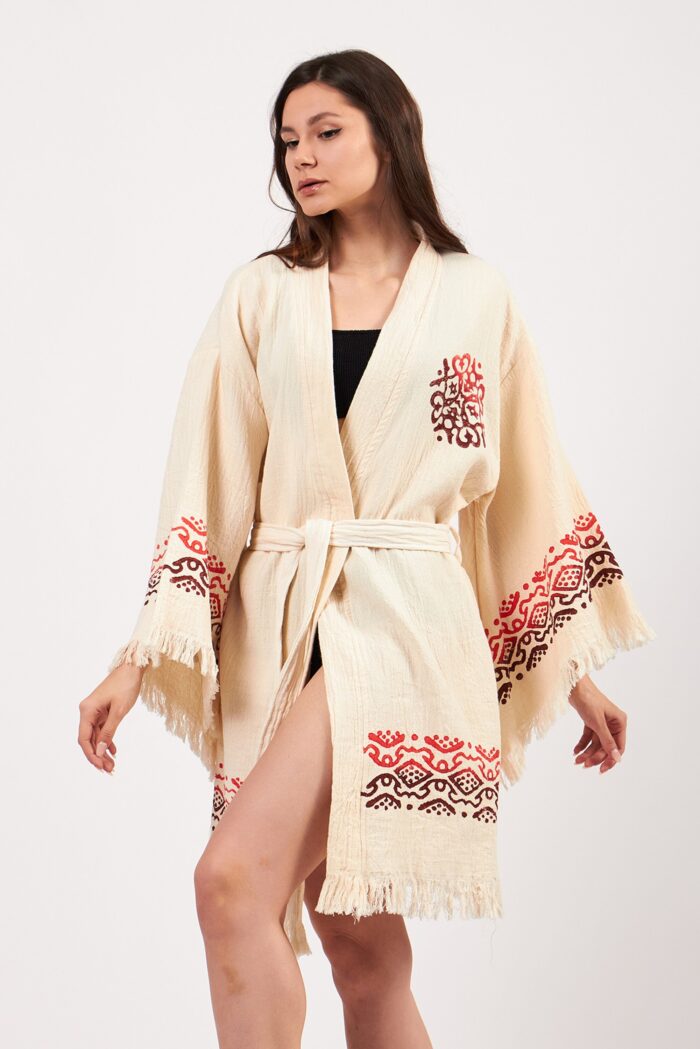 Hint Desenli Taş Baskılı Pamuklu Müslin Kimono Hint Desenli Taş Baskılı Pamuklu Müslin Kimono