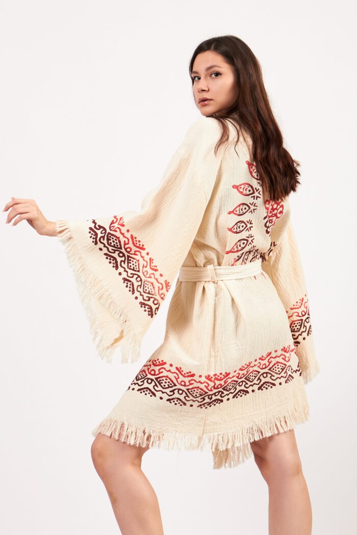 Hint Desenli Taş Baskılı Pamuklu Müslin Kimono Hint Desenli Taş Baskılı Pamuklu Müslin Kimono