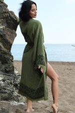 كيمونو قطن موسلين هندي مطبوع بالحجر مطبوع عليه باللون الأخضر