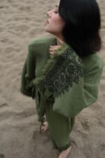 كيمونو قطن موسلين هندي مطبوع بالحجر مطبوع عليه باللون الأخضر