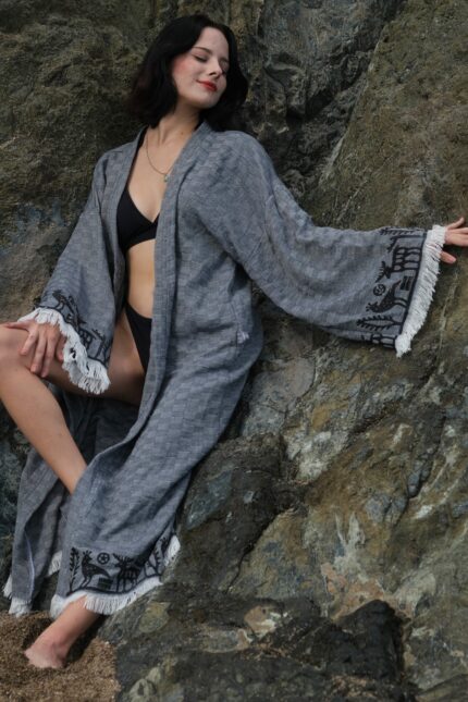 Hitit Taş Baskılı Pamuklu Kimono Müslin Gri