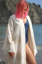 كيمونو موسلين مطبوع بنقشات النخيل الحجرية