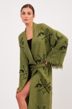 Göbeklitepe Stone Printed Cotton Muslin Kimono Green