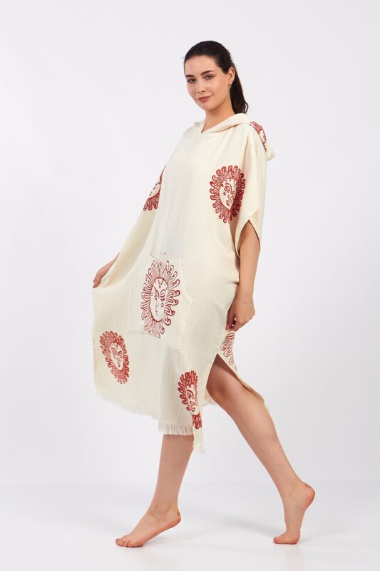 Arinna Kırmızı Taş Baskılı Pamuklu Müslin Surf Pançosu