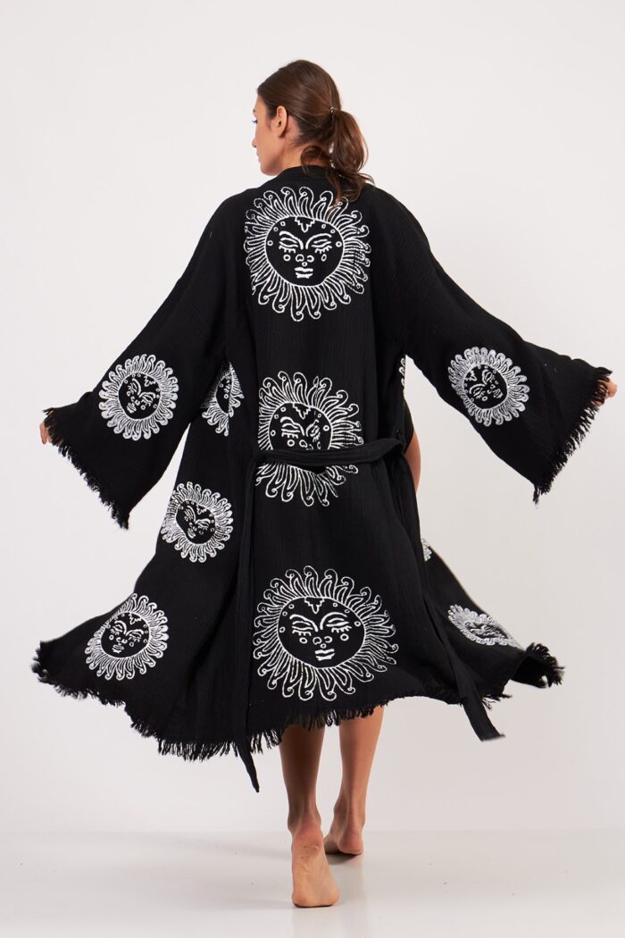 Arinna Taş Baskılı Pamuklu Kimono Siyah
