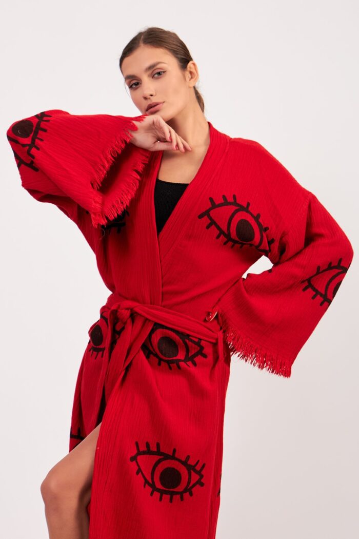 Eye Kırmızı Pamuklu Müslin Kimono - Görsel 7