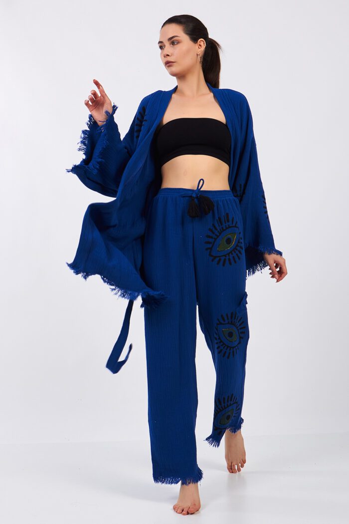 Eyes Pamuklu Müslin Kimono Parlament Mavi Takım - Image 12