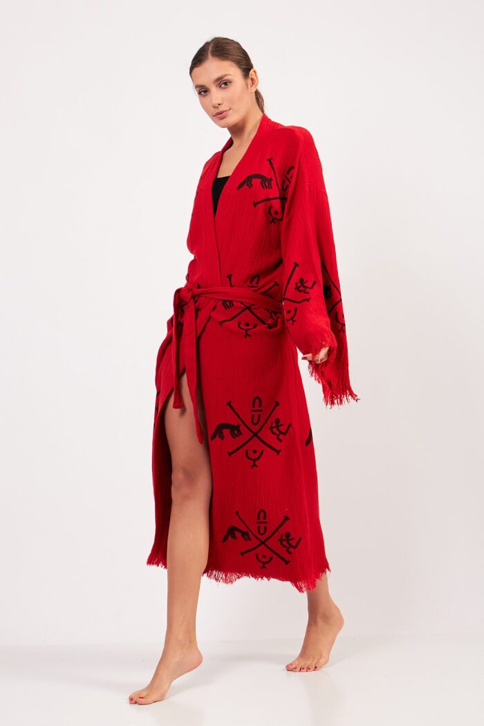 gobeklitepe-tas-baskili-pamuklu-muslin-kimono-kirmizi Göbeklitepe Taş Baskılı Pamuklu Müslin Kimono Kırmızı - الصورة 8