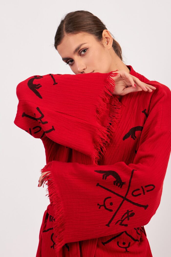 gobeklitepe-tas-baskili-pamuklu-muslin-kimono-kirmizi Göbeklitepe Taş Baskılı Pamuklu Müslin Kimono Kırmızı - الصورة 5