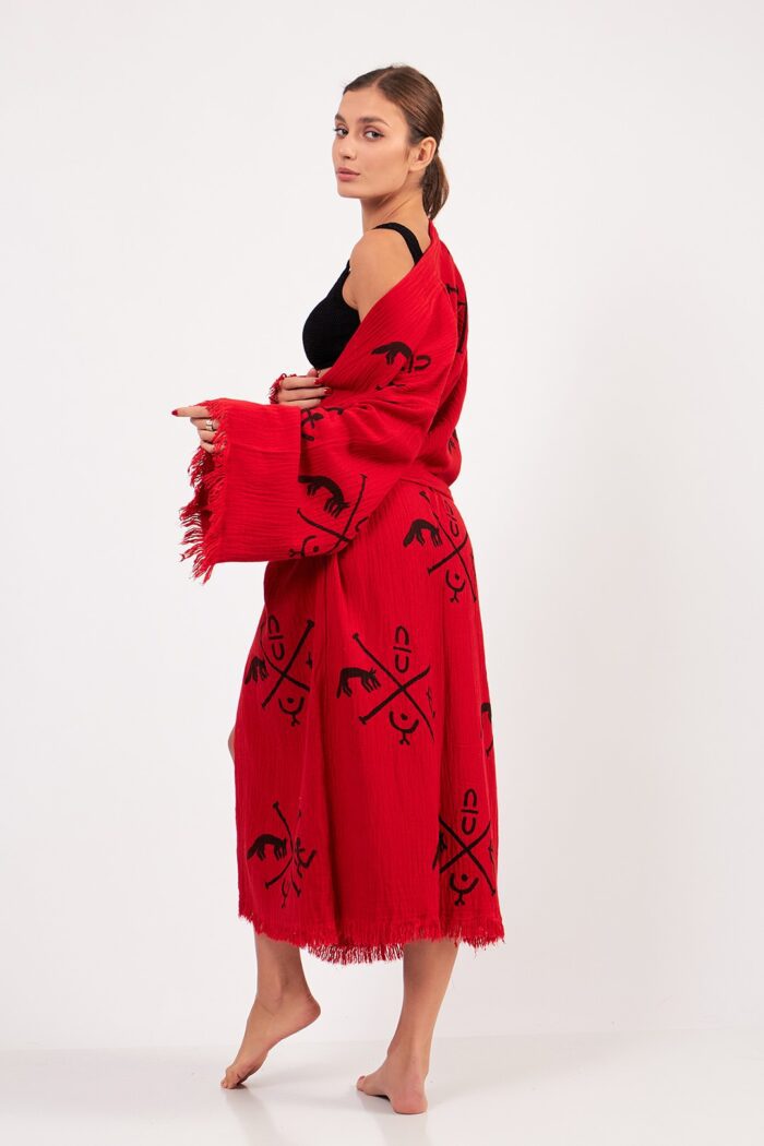 gobeklitepe-tas-baskili-pamuklu-muslin-kimono-kirmizi Göbeklitepe Taş Baskılı Pamuklu Müslin Kimono Kırmızı - الصورة 3