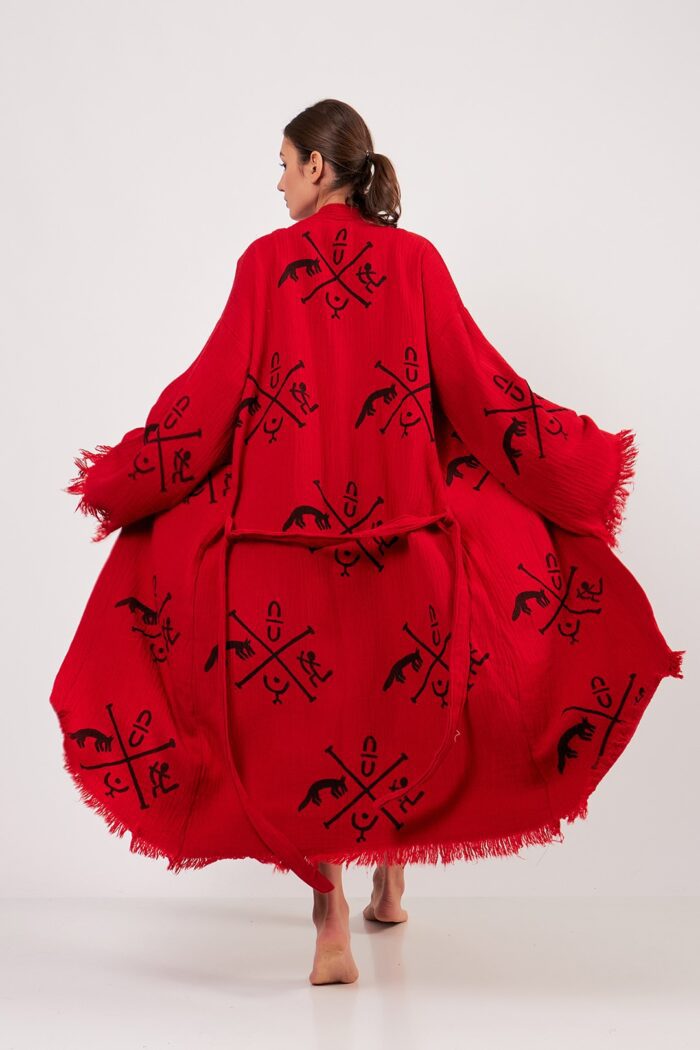 gobeklitepe-tas-baskili-pamuklu-muslin-kimono-kirmizi Göbeklitepe Taş Baskılı Pamuklu Müslin Kimono Kırmızı - الصورة 2