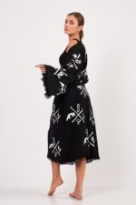 Göbeklitepe Taş Baskılı Pamuklu Müslin Kimono Siyah - الصورة 3