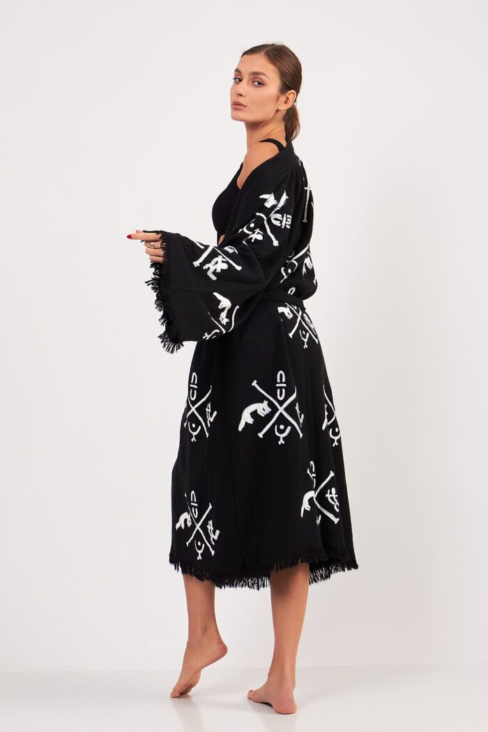 gobeklitepe-tas-baskili-pamuklu-muslin-kimono-siyah Göbeklitepe Taş Baskılı Pamuklu Müslin Kimono Siyah - الصورة 3