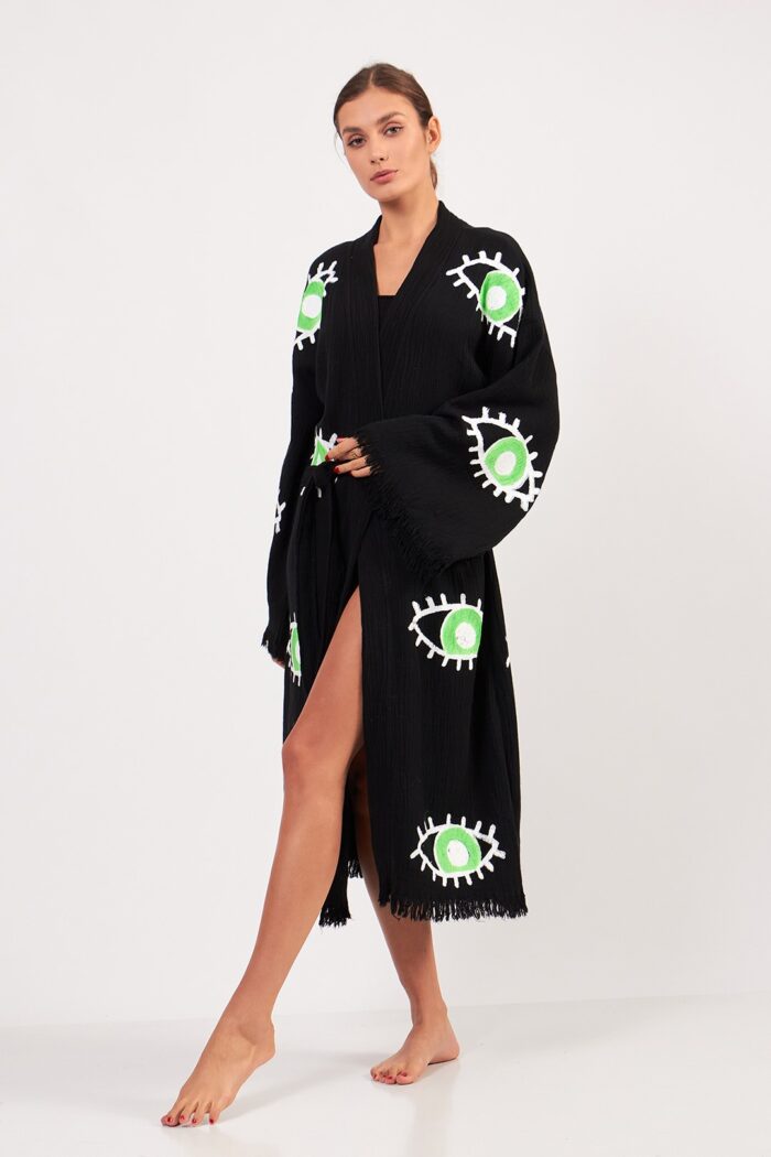 Green Eye Cotton Muslin Kimono Black