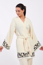 Hitit Desenli Taş Baskılı Pamuklu Müslin Kimono Takım - Image 12
