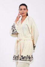 Hitit Desenli Taş Baskılı Pamuklu Müslin Kimono Takım - Image 13