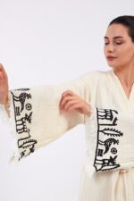 Hitit Desenli Taş Baskılı Pamuklu Müslin Kimono Takım - Image 14