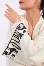 Hitit Desenli Taş Baskılı Pamuklu Müslin Kimono Takım - Image 7