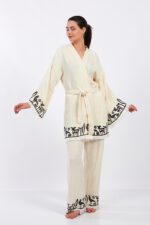 Hitit Desenli Taş Baskılı Pamuklu Müslin Kimono Takım - Image 8
