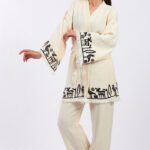 طقم كيمونو موسلين قطن مطبوع بالحجر الحثي مطبوع عليه نقوش حجرية