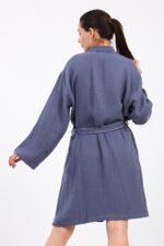 Indigo Blue Pamuklu Müslin Bornoz
