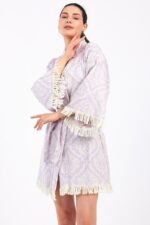 Jakarlı Damask Pamuklu Müslin Kimono - الصورة 8