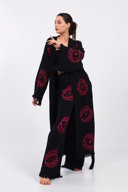 Red Eye Baumwolle Musselin Kimono Set Schwarz