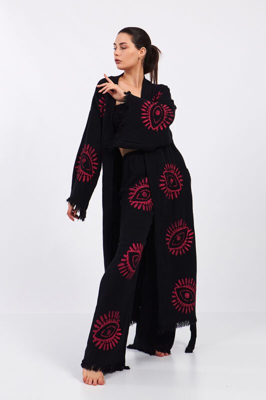 Hakkımızda 7 Red Eye Baumwolle Musselin Kimono Set Schwarz
