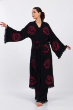 طقم كيمونو قطن موسلين أحمر العين قطن أسود