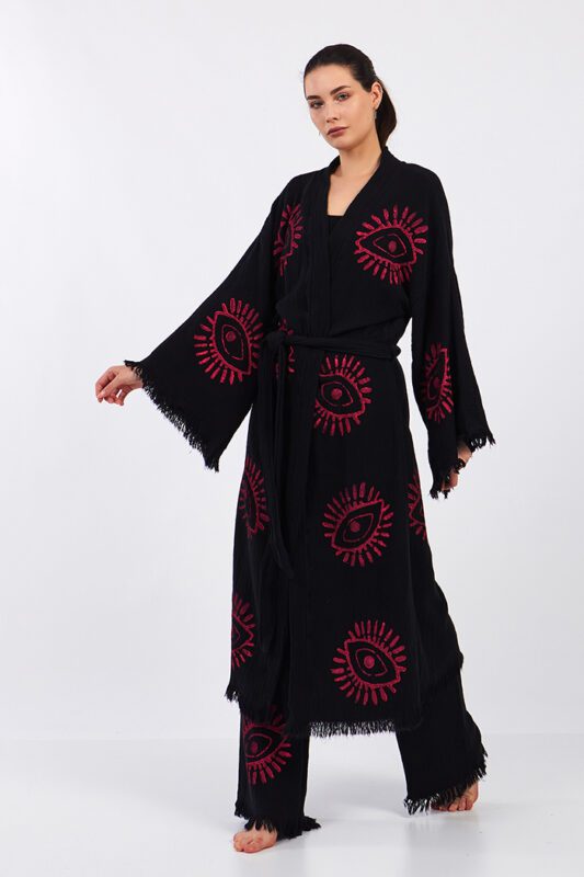Hakkımızda 6 Red Eye Baumwolle Musselin Kimono Set Schwarz