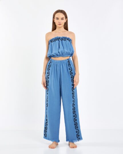Crop Pantolonlu Mavi Takım