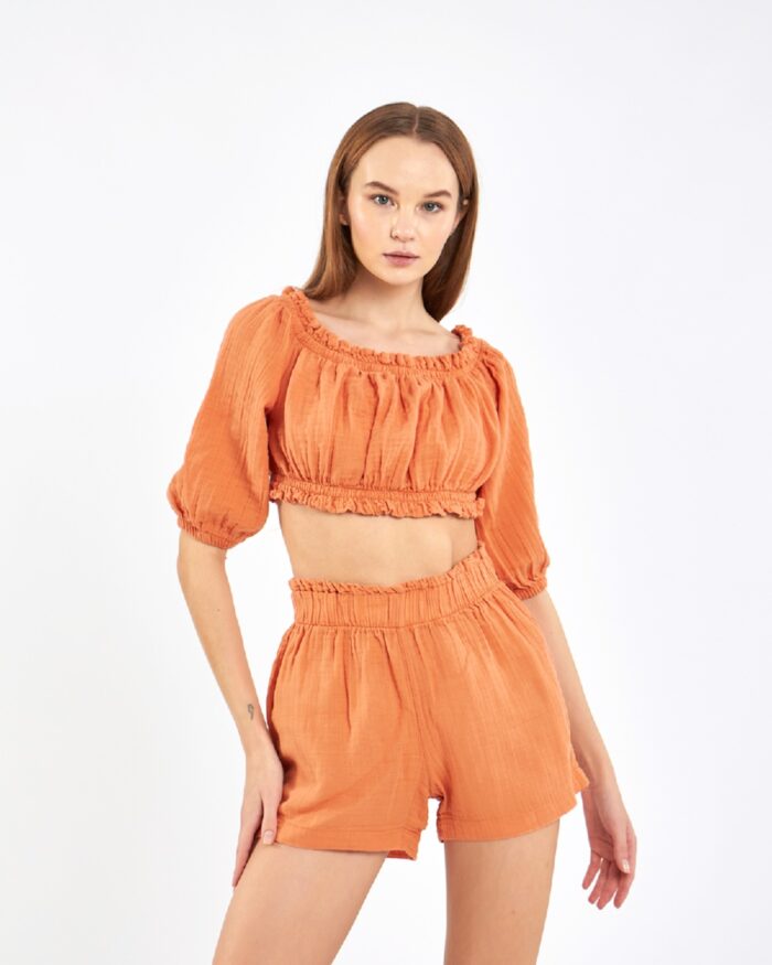 طقم شورت قصير قصير برتقالي